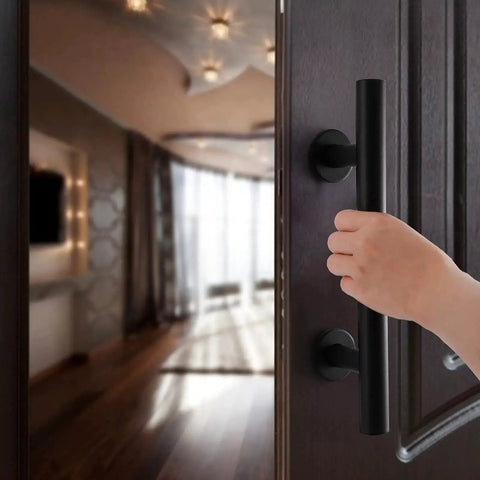 Close-up of 2 Pack Sliding Barn Door Handle Set Carbon Steel Pull And Flush Hardware 12 Inch Heavy Duty on an open door.
