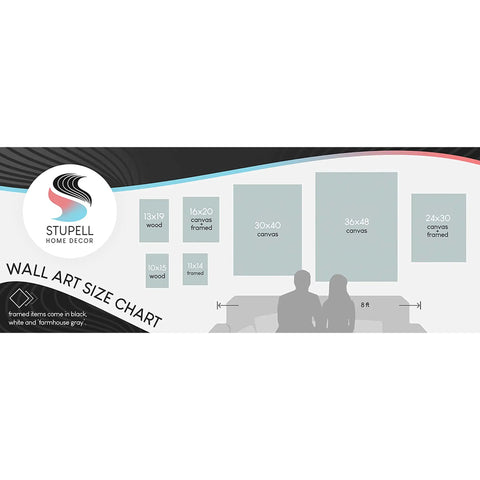 Wall art size chart showing various dimensions for Stupell Home Decor pieces, including wood and canvas options.