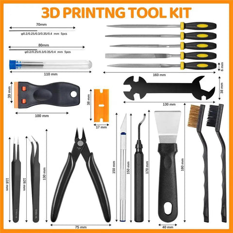 Ultimate 50 Piece 3D Printer Tool Kit Set for All FDM and SLA Printers With Nozzle Cleaning Kit, Scraper, Deburring Tools, Files, Brushes and Case