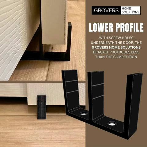 Universal Adjustable Height Sliding Closet Door Floor Guide Bracket 5 Pack Black For 1 3 8 Inch Door Thickness With Easy Snap Notches And Counter Sunk Base For Slim Profile Durable Plastic Construction installed on wood floor.