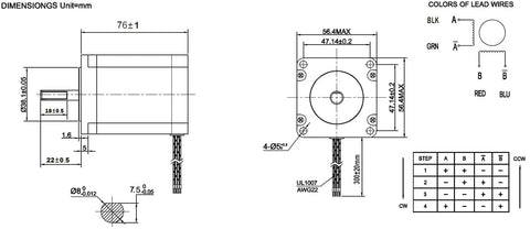 Technical drawing of Nema 23 Stepper Motor 2.8A 1.9Nm 8mm Shaft 76mm Length for CNC Mills and Lathes showing dimensions and wiring