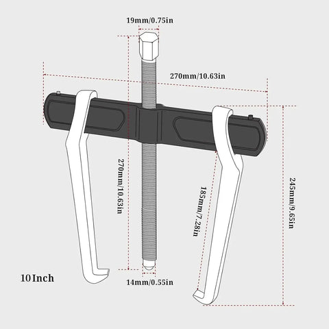 Diagram of 10 Inch 2 Jaw Gear Puller For Internal And External Removal Of Pulleys Bearings And Gears showing dimensions.