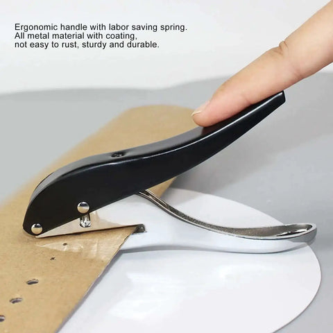 Heavy Duty Metal Hole Punch 3mm Single Hole Puncher, 25 Sheets Capacity, handheld tool shown punching brown cardboard
