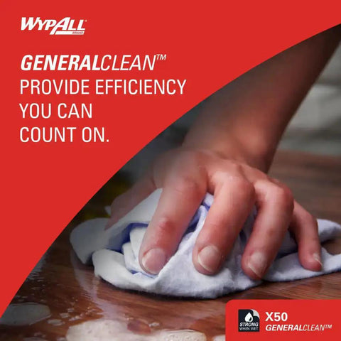 Hand using GeneralClean X50 Cleaning Cloths Jumbo Roll 1100 Sheets White Heavy Duty Wipes for quick cleanups on a surface.