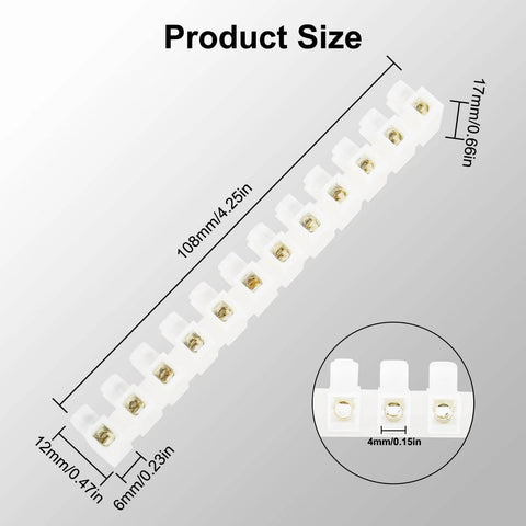 10 Piece Terminal Block Set With 12 Position Dual Row Barrier Strip Connector 10A 380V Flame Retardant PP Housing Self Locking Screws