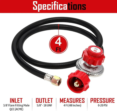 4 Ft High Pressure Propane Regulator Hose With 0 To 20 PSI Adjustable Red Knob And QCC1 Connection For US Tanks Specifications