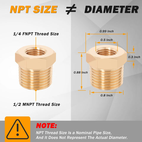 Brass air brake line fitting with 1/4 FNPT top and 1/2 MNPT bottom; hex body and threaded ends.