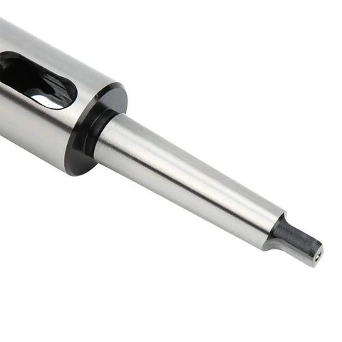 Side view of MT2 to MT3 Morse taper adapter drill sleeve in steel with silver finish