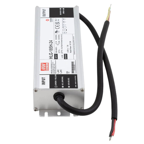 Front view of Beefy HLG-185H-24 185W 24V DC LED Driver Power Supply with Dual CV and CC Output, IP67 waterproof design.