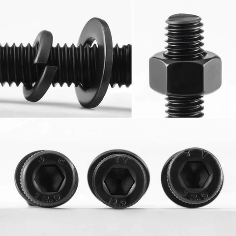 M5 Hex Socket Head Cap Screws Bolts Kit With Nuts And Flat And Lock Washers 60 Sets For Heavy Duty Projects Full Thread 16mm Length 12.9 Grade Alloy Steel Black Oxide Finish Allen Socket Drive Spanner Included, close-up view of components.