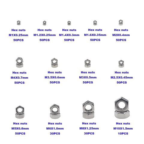 Assorted 570 Piece Metric Hex Nut Set M1 To M10 with sizes and quantity displayed, 304 stainless steel, for DIY projects and automotive fixes