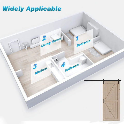 Diagram showing room layout for 36 Inch By 84 Inch Wood Barn Door With Six Point Six Feet Hardware Kit Included K Shape Solid Spruce Panel Interior Sliding Door