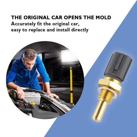 Engine coolant temperature sensor with brass threaded probe and gray plastic connector; mechanic under hood