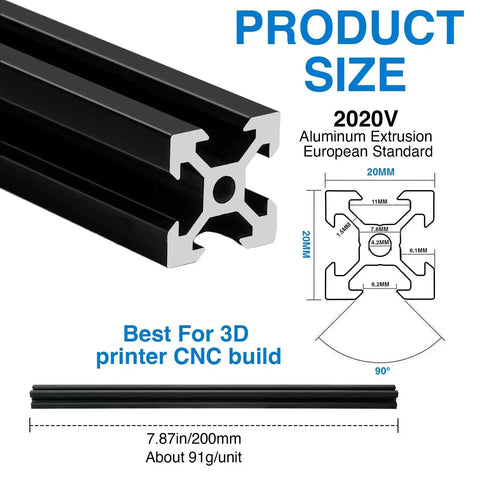 Four Pack 800mm European Standard 2020V Aluminum Extrusion Profiles Anodized Black For DIY 3D Printers And CNC Machines Heavy Duty 6063