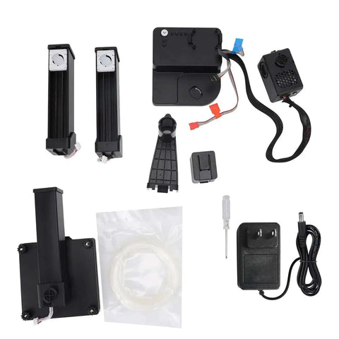 No Fuss Starter Frequency Division Multiplexing 3D Printer components layout, including nozzle, power adapter, and filament for beginners.
