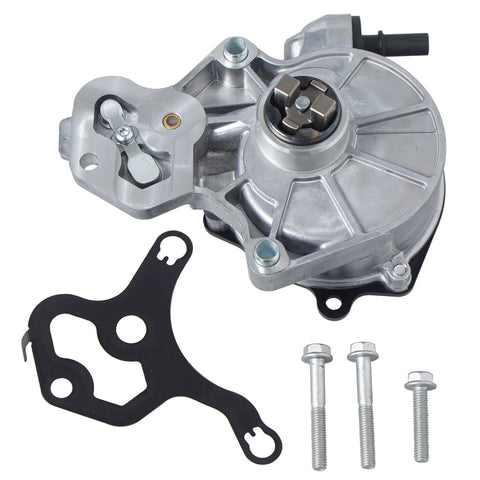 Brake vacuum pump assembly in silver aluminum with mounting bracket, black gasket, and three bolts