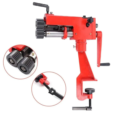 Manual Metal Bead Roller for sheet metal bending with 6 interchangeable dies, shown with close-up of dies and clamping mechanism.