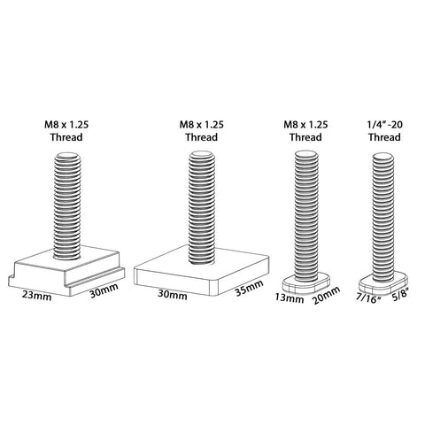 Universal T-Track Clamping System For Woodworking With Non Marring Base connectors in sizes 1/4in-20, 13x20mm, 23x30mm, 30x35mm
