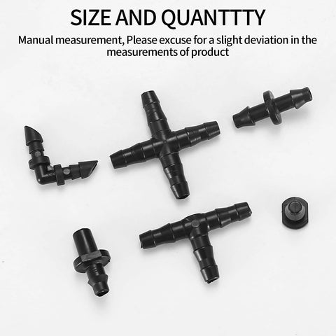 Drip irrigation fittings kit: six black plastic barbed fittings for 1/4 in tubing, including tees, elbows, a 4-way cross, and end plug