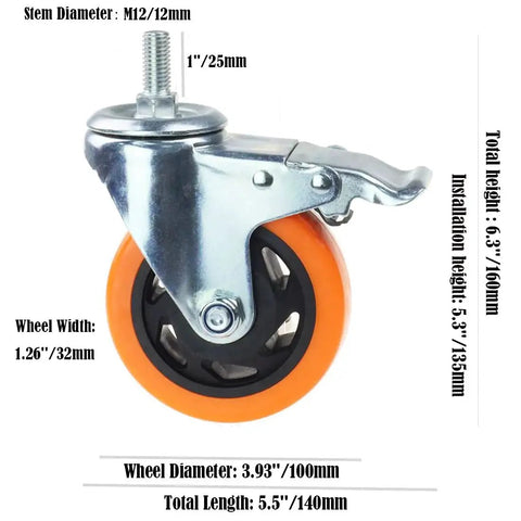 Side view of heavy-duty swivel caster wheel, 3-inch yellow PVC wheel, metal frame with brake, M12 stem