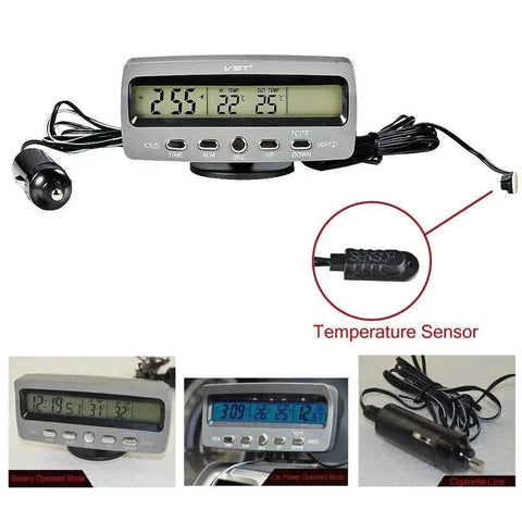 4 In 1 Car LED Clock Thermometer Voltmeter With Time Temperature 12V showing time, temperature, and voltage meters