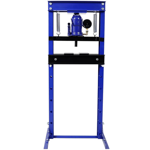 Front view of 20 Ton Hydraulic Floor Press With Gauge H Frame For Ball Joints And Bushings, blue and black design.