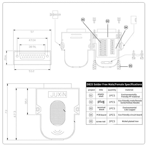 Technical drawing of No Soldering Needed DB25 Male And Female Serial Adapters Kit with specifications and dimensions.