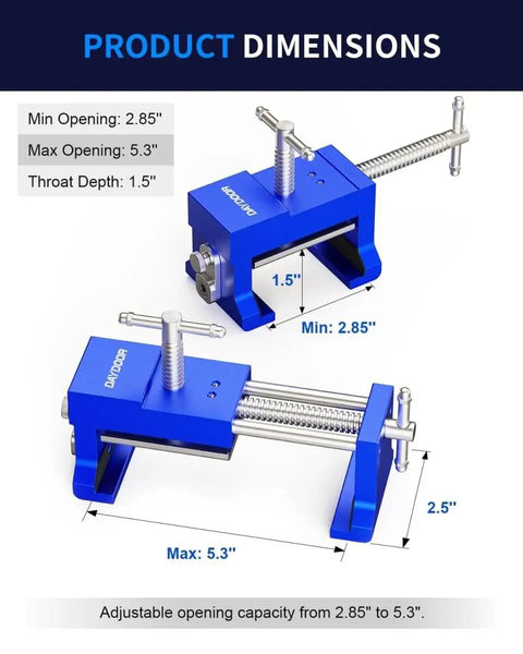 Heavy Duty Cabinet Clamps 4 Pack With Built In Drill Guide And EVA Protection, cast steel, blue, adjustable dimensions shown
