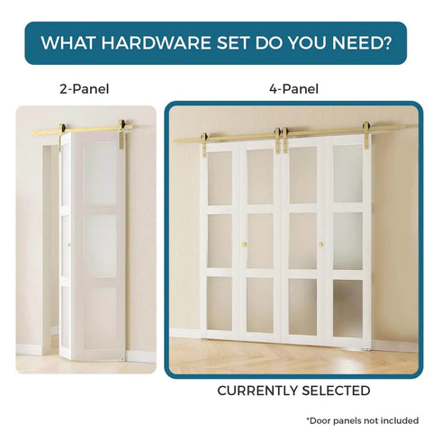 Gold Bi-Fold Barn Door Hardware Kit With Heavy Duty Metal Track System For Four Doors Includes Matching Knobs Four Rollers No Doors Included Ideal For Bifold Closet Doors Or Small Room Partitions, showing installed track with four white doors