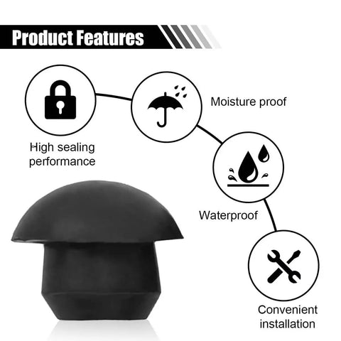 Black rubber plug featuring sealing and waterproof icons, part of Six Pack Rubber Oil Filler Plugs For 8mm Holes In Hydraulic Reservoirs
