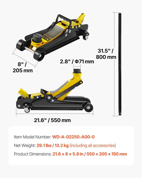 Heavy Duty Floor Jack 2.5 Ton Low Profile With Single Piston Lift Pump For Cars, dimensions and weight details shown