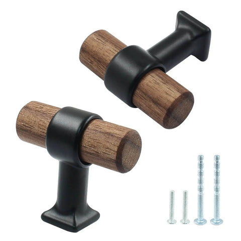 Walnut Cabinet Pulls 4 Pack T Bar Knob Handles With Screws 40mm Wood Drawer Pulls shown with screws for kitchen cabinets.