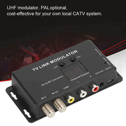 UHF TV Link Modulator With AV To RF Converter For Your Local CATV Setup, showing channel display and AV connectors, PAL optional