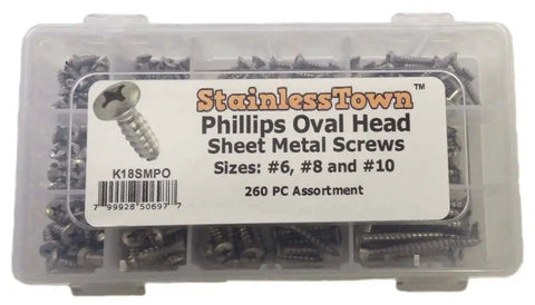 260 Piece Stainless Steel Phillips Oval Head Sheet Metal Screw Set With Size 6 8 10 in labeled box