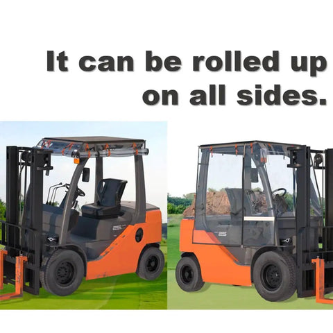 Universal Forklift Rain Cover Up To 6000lb Waterproof Rollable Clear EVA Shield installed on forklift cab
