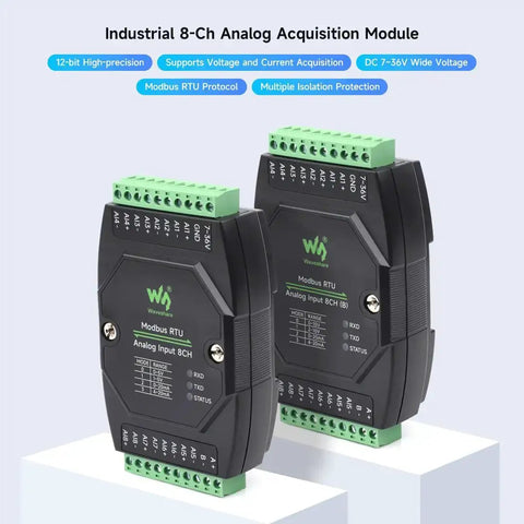Front view of Rock Solid 8 Channel Analog Data Acquisition Module With 12-Bit Precision For Voltage And Current Sensing in black case.