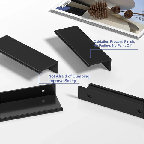 10 Pack Black Cabinet Pulls 3 Inch Aluminum Alloy Edge Finger Pull Dresser Drawer Handles displayed with safety features and finish details.