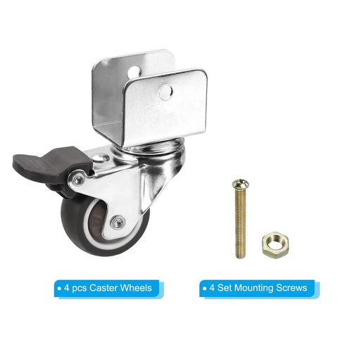 1.5 Inch Swivel Caster Wheels With 1 Inch U Bracket Four Pack Mute Casters With Brake For Cabinets Furniture And Tables Total Load 132 Lbs 60 Kg TPR Wheel And Mounting Hardware Included, showing wheel and mounting hardware.