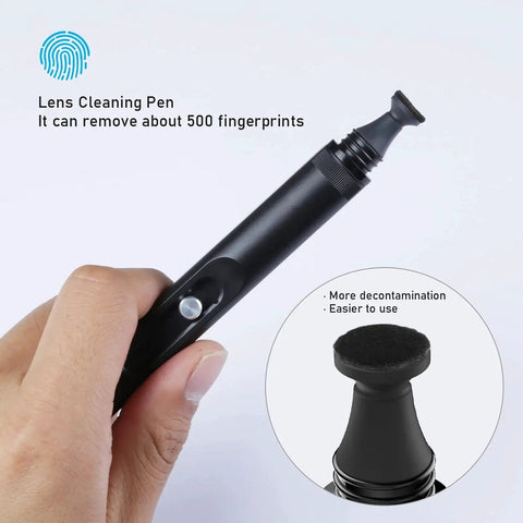 Hand holding Double Ended Lens Cleaning Pen With Carbon Head And Soft Brush For Glasses, showing carbon head close-up