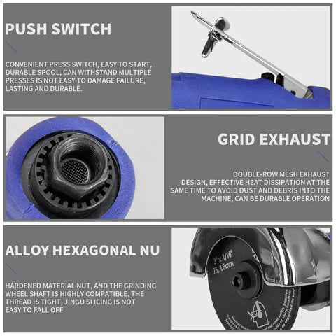 Details of 3 Inch Air Cut Off Tool Kit with Five 3 Inch Cutting Discs, showing push switch, grid exhaust, and alloy hexagonal nut.