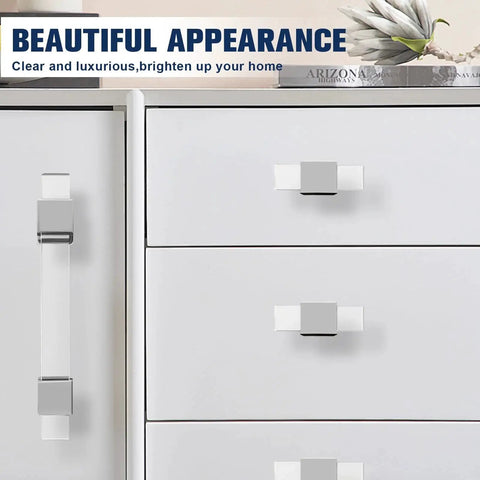 10 Pack Modern Acrylic Cabinet Handles With Clear Square Tube And Polished Chrome Base installed on white drawers