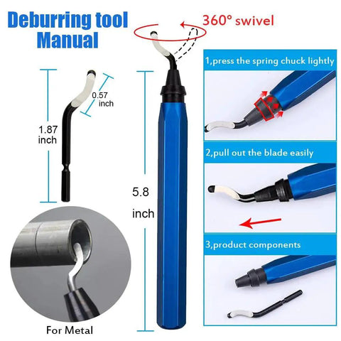 Manual deburring tool with 360-degree swivel, featuring a 5.8-inch blue handle and 1.87-inch blade for metal, instructions included.