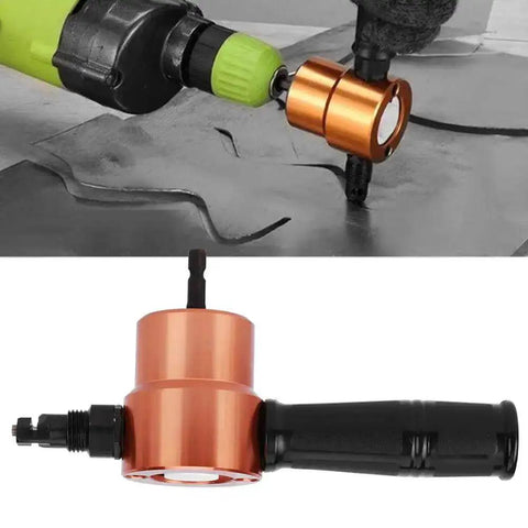 Dual Head Sheet Nibbler Power Drill Attachment for Straight and Curve Cutting with ergonomic handle, showing metal panel cut