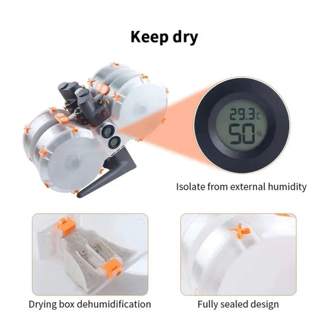 Moisture Proof Filament Spool Enclosure For Dry Storage That Keeps Your Filament Safe From Humidity Bubbles And Clogs With No Fuss Seamless Compatibility For AMS Lite And Filament Management Systems Fits Bambu Lab A1 And A1 Mini Dryer For A1 Box showing temperature and humidity gauge