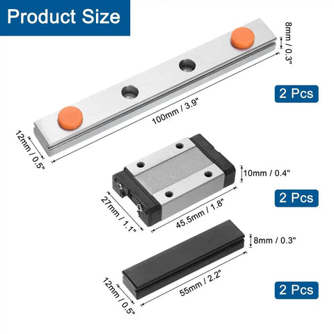 Two Pack 100mm MGN12 Linear Guide Rail Kit With Two MGN12H Carriage Blocks and Two Mini Plastic Guides; dimensions labeled.