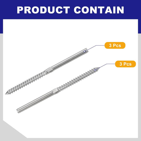 Left And Right Handed One Eighth Inch Cable Swage Lag Screws T316 Stainless Deck Railing Hardware For Wood Posts, 6 piece set