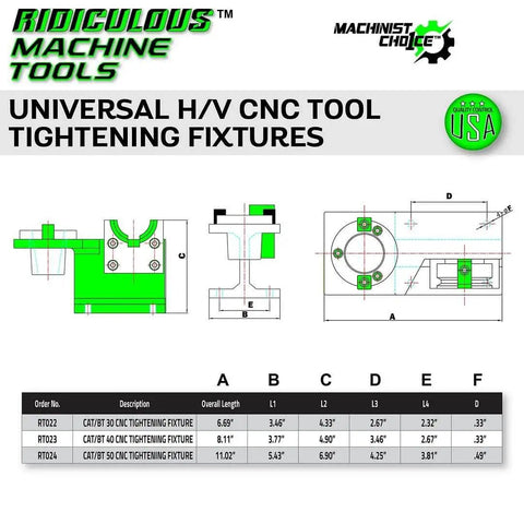 Diagram of universal CNC tightening fixture for CAT BT 40 collet chucks with dimensions and mounting details.