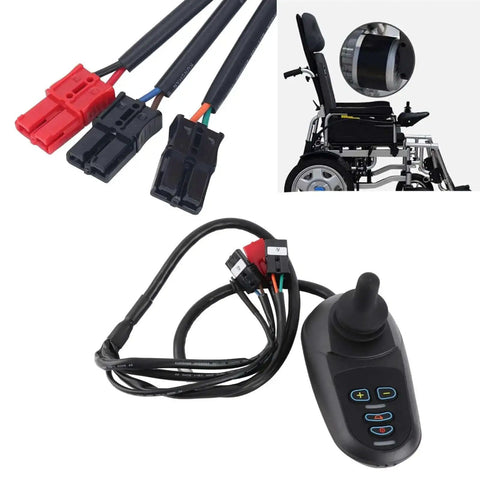 Electric Wheelchair Controller With Smooth Speed Change And Easy Install Works With Most Wheelchairs Stable Electromagnetic Brake System For Safe Parking And Anti Skid Stops Quick Replacement For Disabled Comfort On The Go with cables and wheelchair installation view.