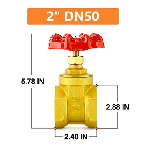 Brass gate valve, 2-inch DN50 with red wheel handle, female–female threaded ends.