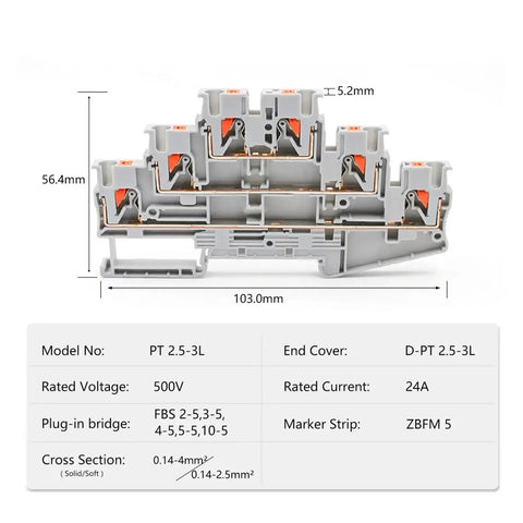 50 Pcs DIN Rail Terminal Block 3-Level Spring Clamp Compact Connector PT 2.5-3L 2.5mm2 for sensor and actuator wiring gray gold plated contacts